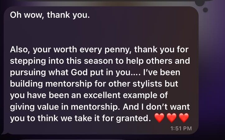 Screenshot of a thank you message from a mentee about the value of the mentorship