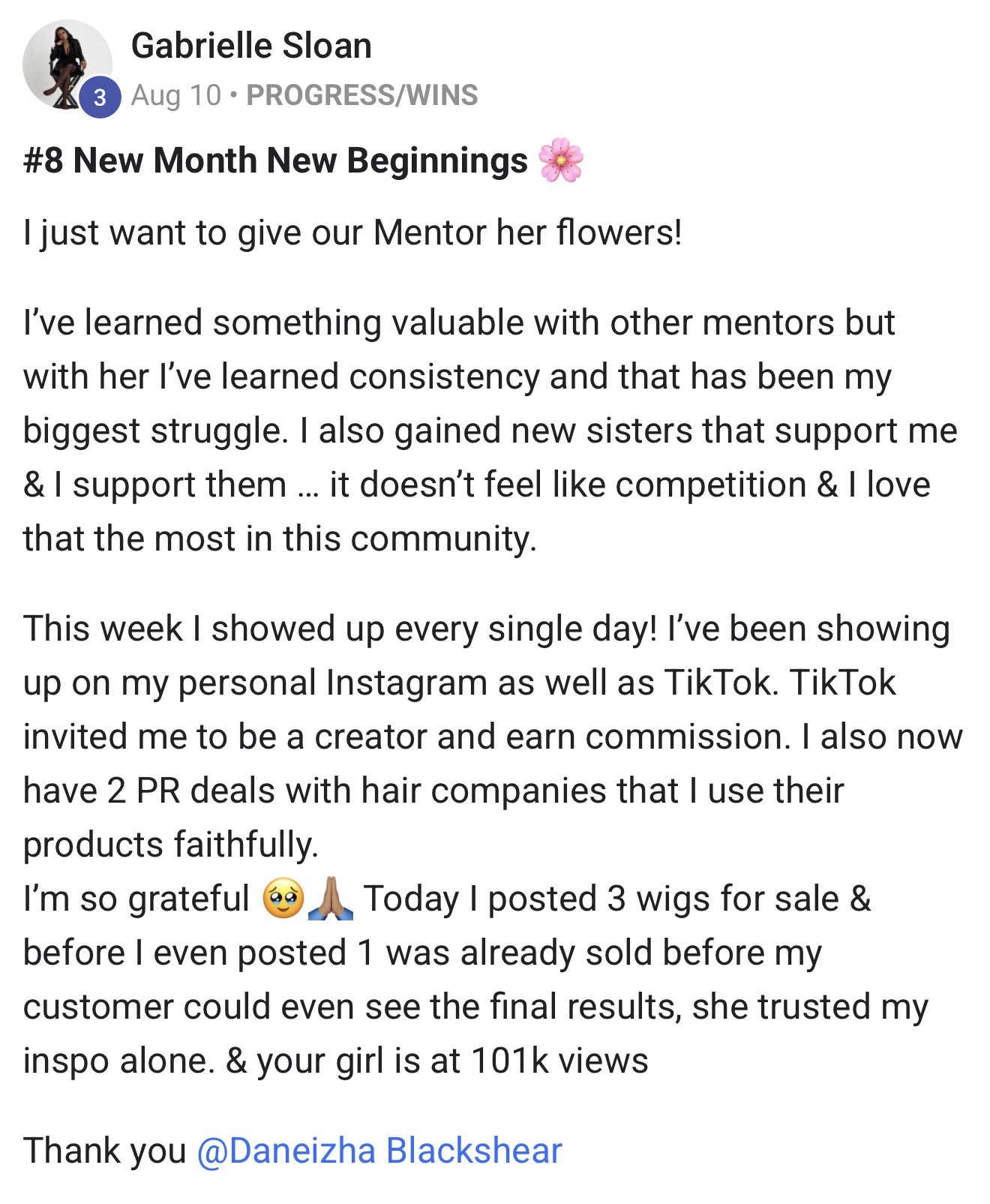 Screenshot of Gabrielle Sloan thanking her mentor and sharing her wins with TikTok and PR deals