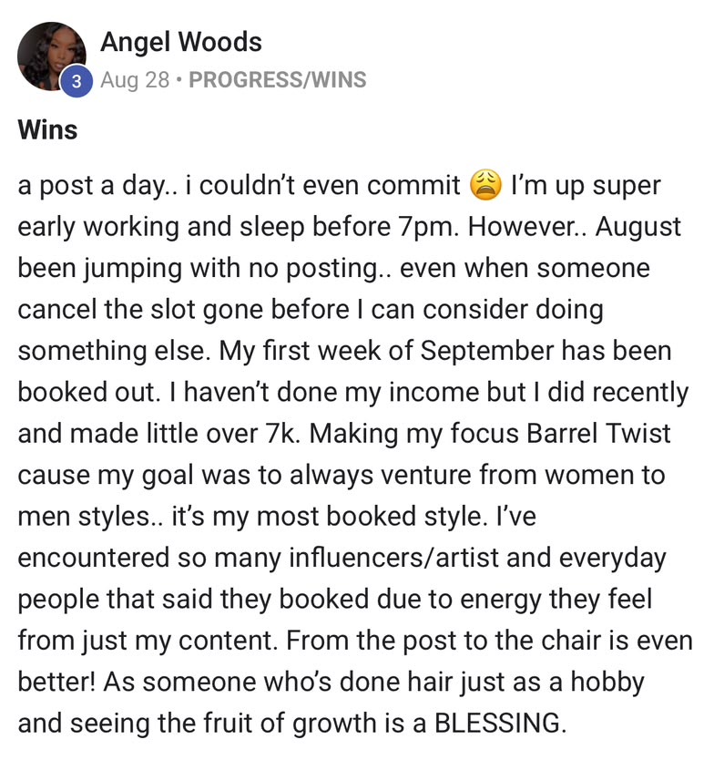 Screenshot of Angel Woods sharing her wins with booked out September and a little over 7k